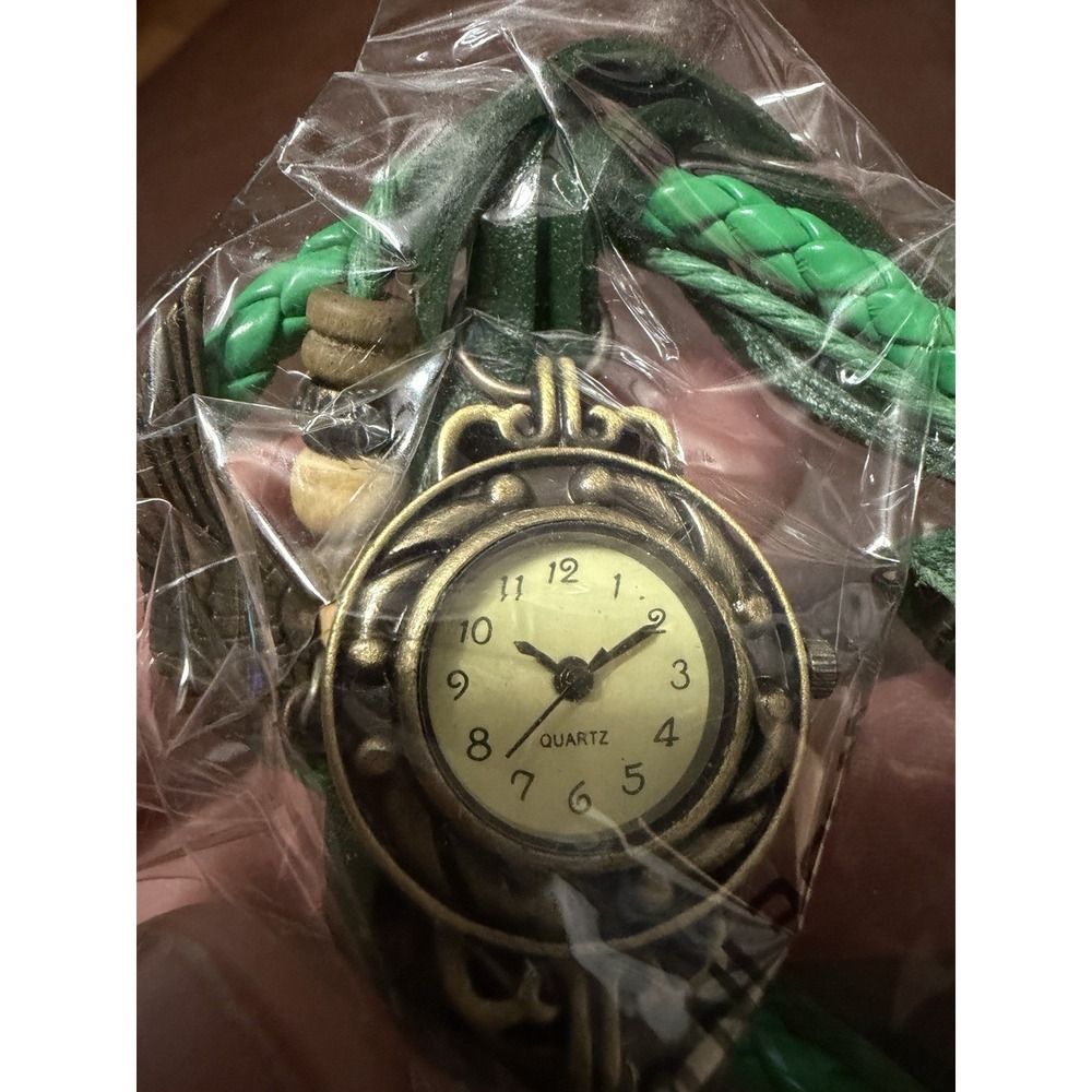 Vintage Style Green Braided‎ Faux Leather Strap Quartz Watch Bronze Tone Case